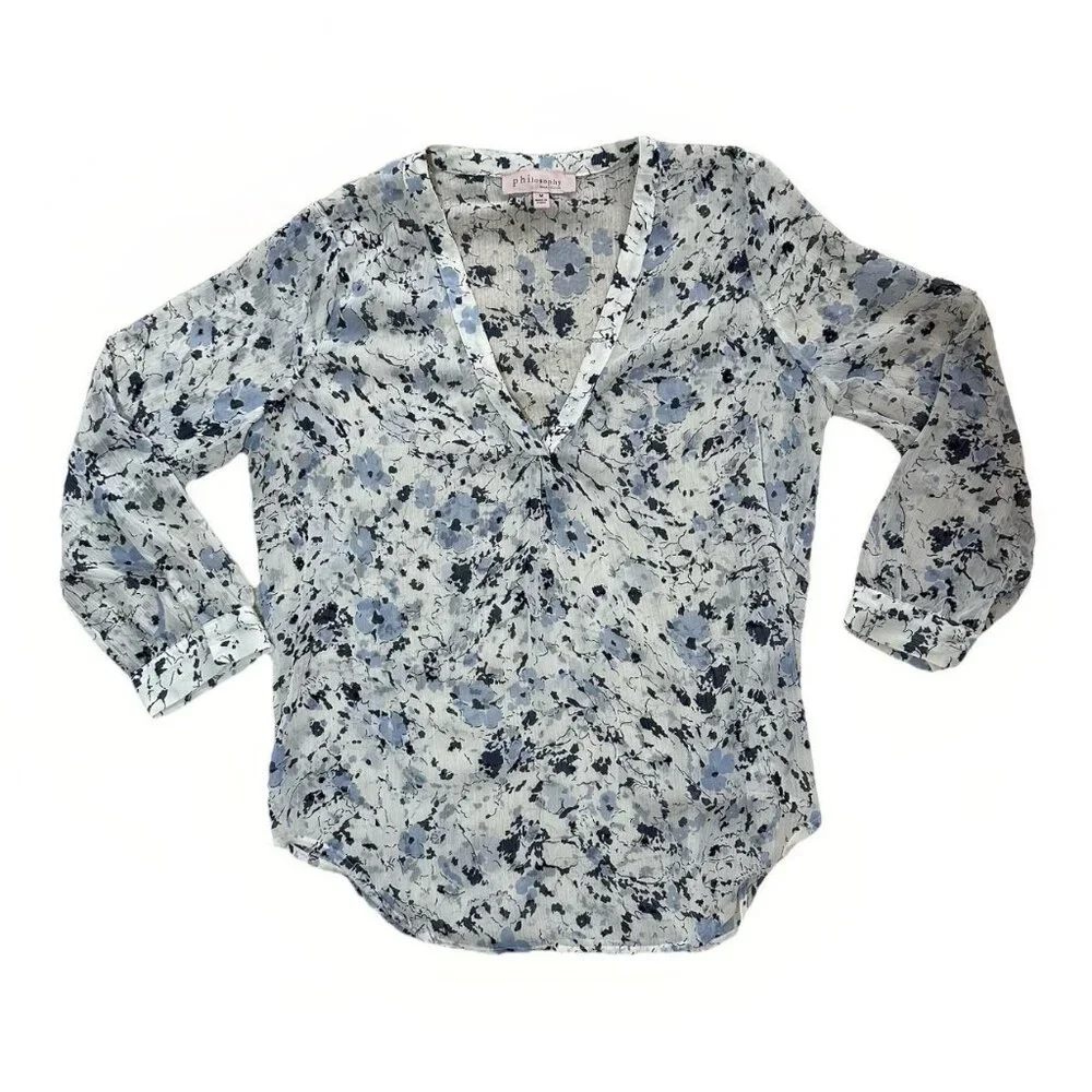 Philosophy Blouse Women’s Medium Sheer Floral White With Blue Flowers Sheer - Picture 8 of 14